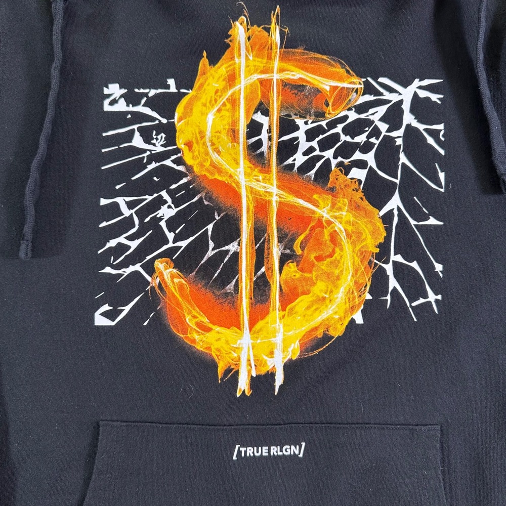 True Religion Hoodie Men's Large Black Flaming Dollar Sign Graphic Pullover - Picture 3 of 6